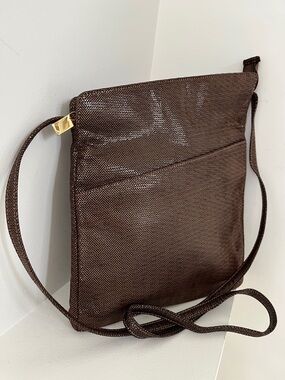 ARNOLD CHURGIN Shiny Faux Leather Asymmetric Cross Body Bag Herringbone Pattern